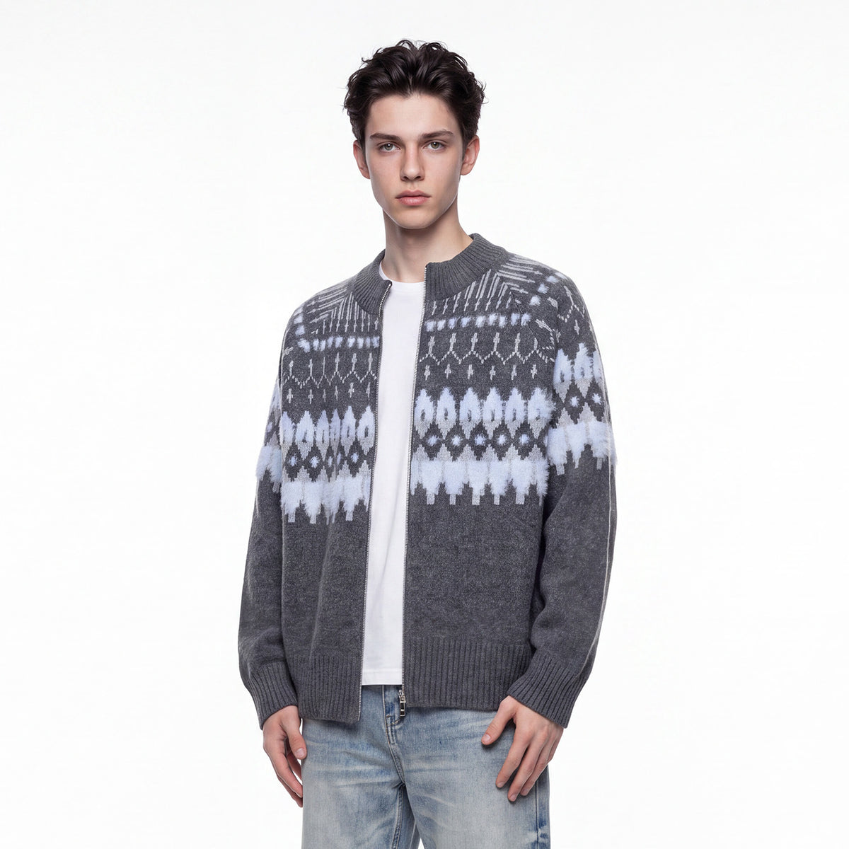Bowser Men’s Oversized Fair Isle Zip Cardigan