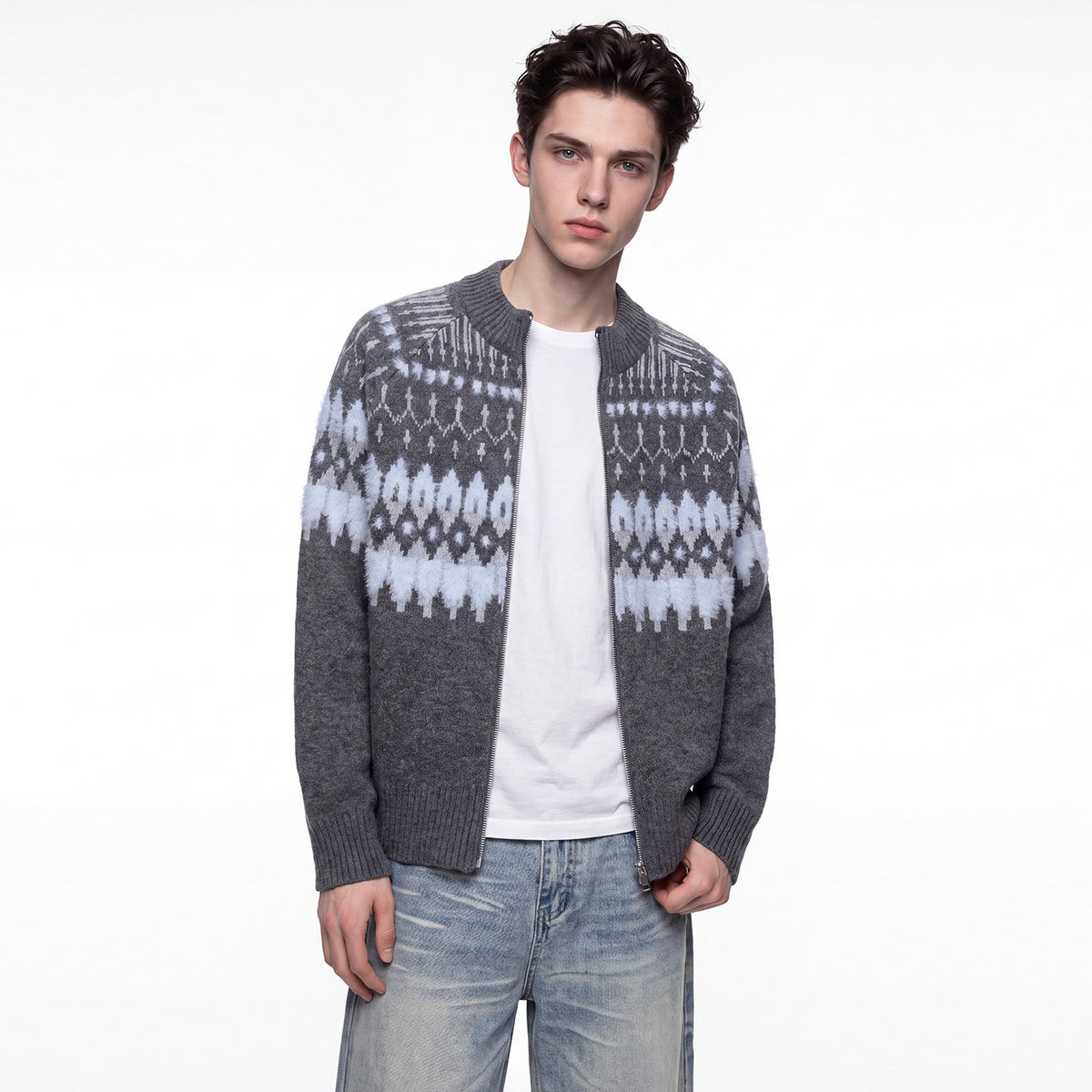 Bowser Men’s Oversized Fair Isle Zip Cardigan